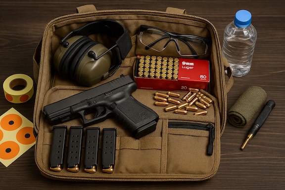 Range bag essentials with firearms, ammo, and safety gear